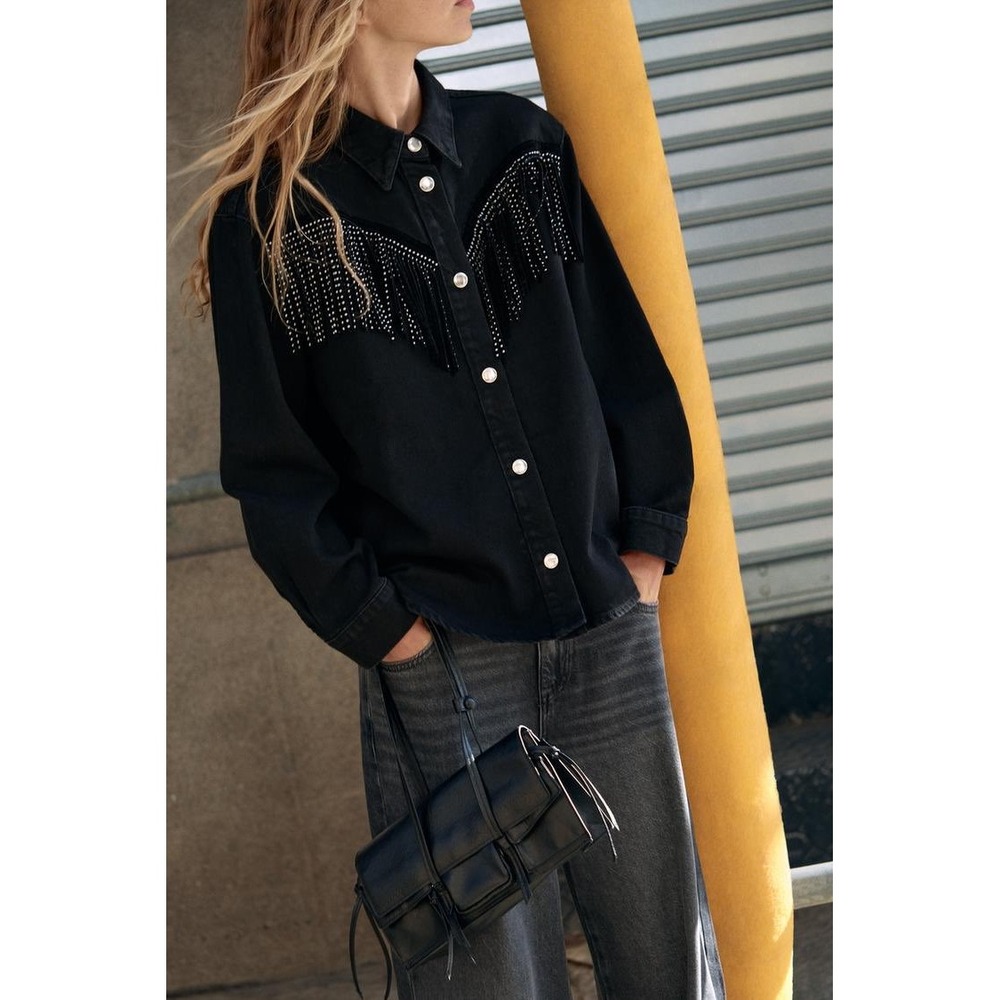 Zara Black Denim Western Fringe Studded Snap Button Shirt Jacket XS 4406/153/800
